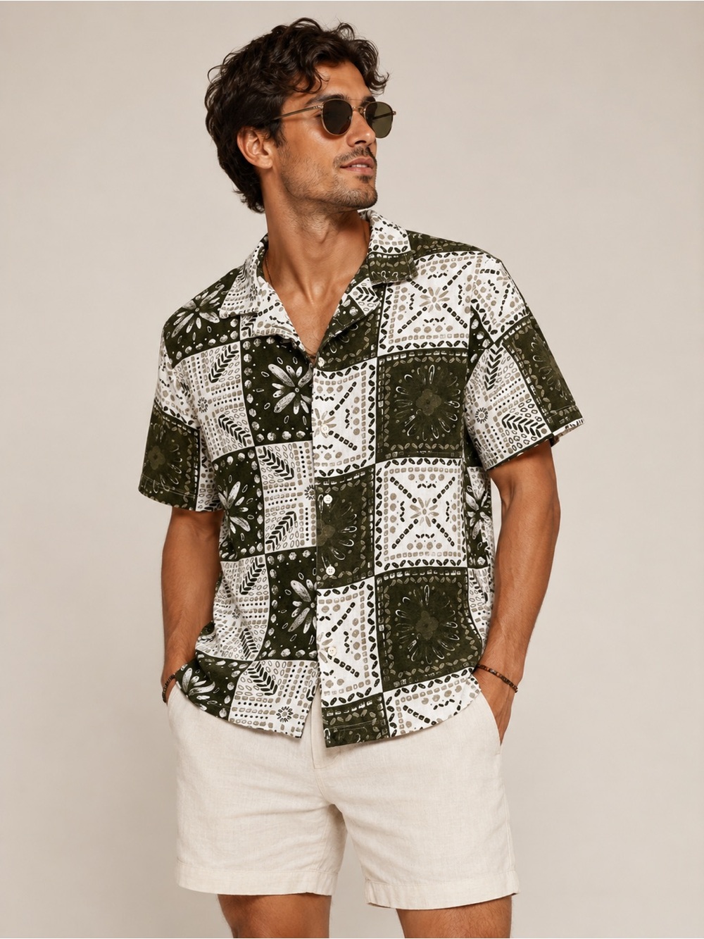 Zara Men’s Patchwork Floral Tribal Printed 100% Cotton Button Down Camp Shirt L